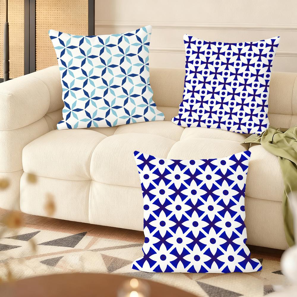 Blue and White Geometric Cushion Cover Soft Plush DoubleSided Printed Sofa Pillow Cushion Cover  Cozy AllSeason Decor Gift
