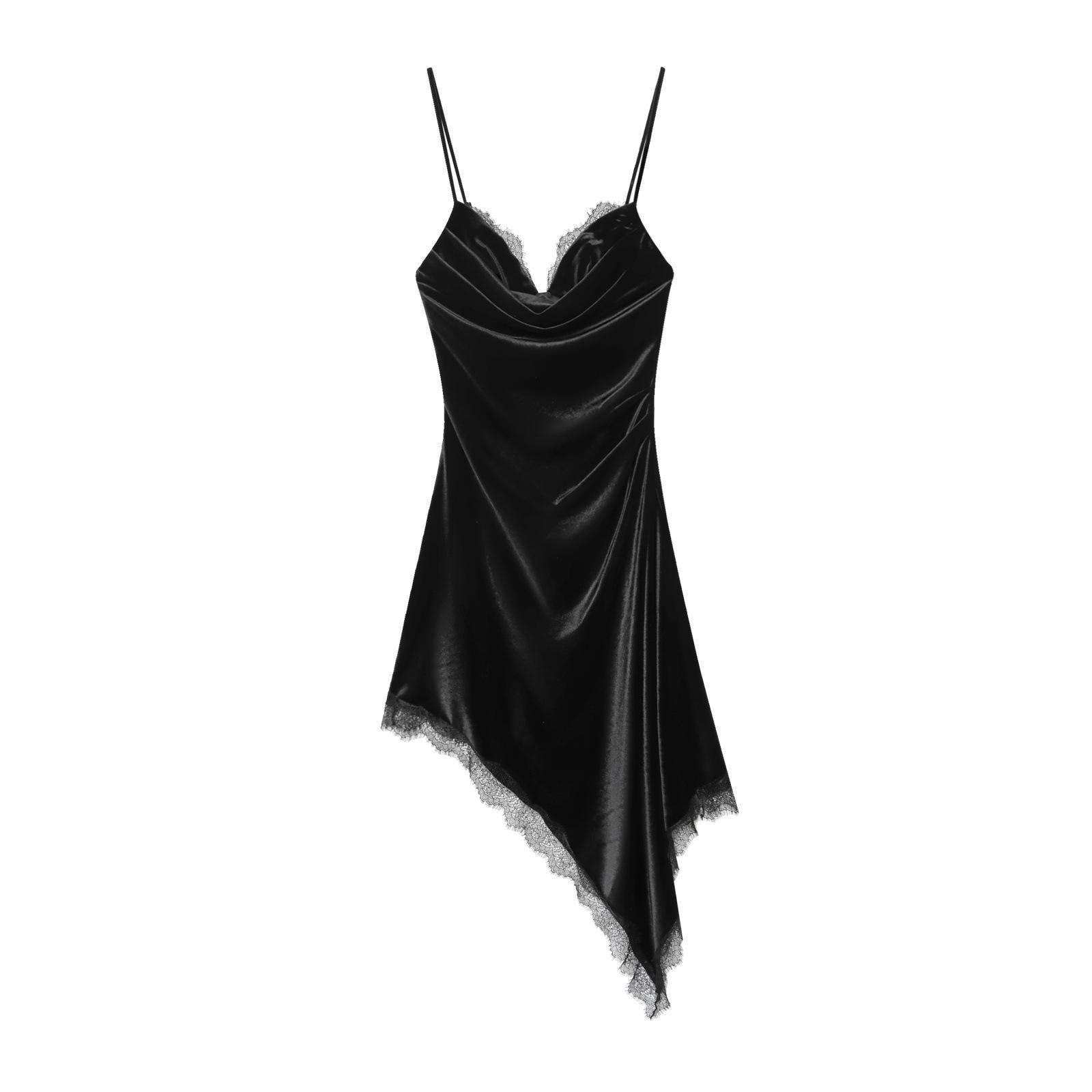 European and American style, new women s clothing, foreign style asymmetrical lace velvet dress 9838242 XS чёрный