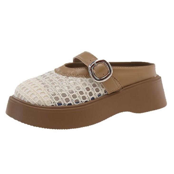 Thick-soled bag head half slippers women's outer wear 2025 new summer fashion breathable mesh slippers muffin sole height-increasing shoes