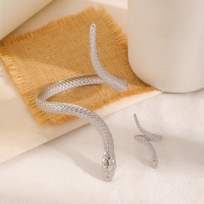 2-Piece Vintage Snake-Print Bracelet + Ring Set Unisex Punk Metal-Finish Adjustable Clasp Design Party Jewelry Accessories