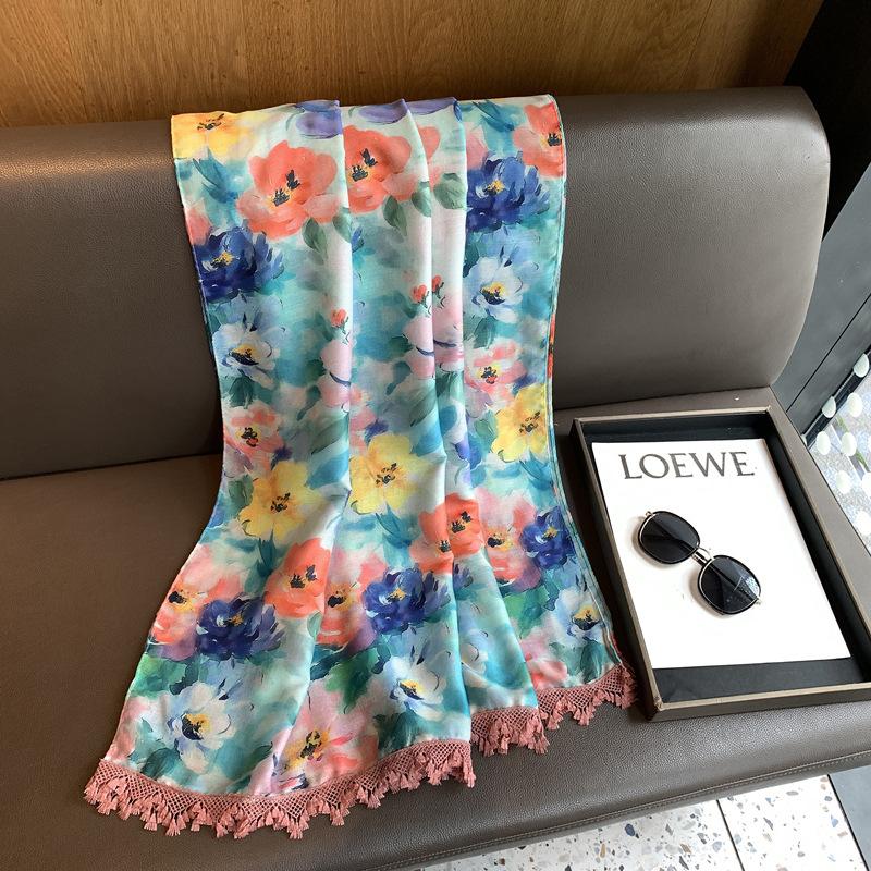 Spring and summer silk scarf long scarf women s sunscreen shawl beach towel flower print versatile sunshade scarf cape versatile shawl 90*180