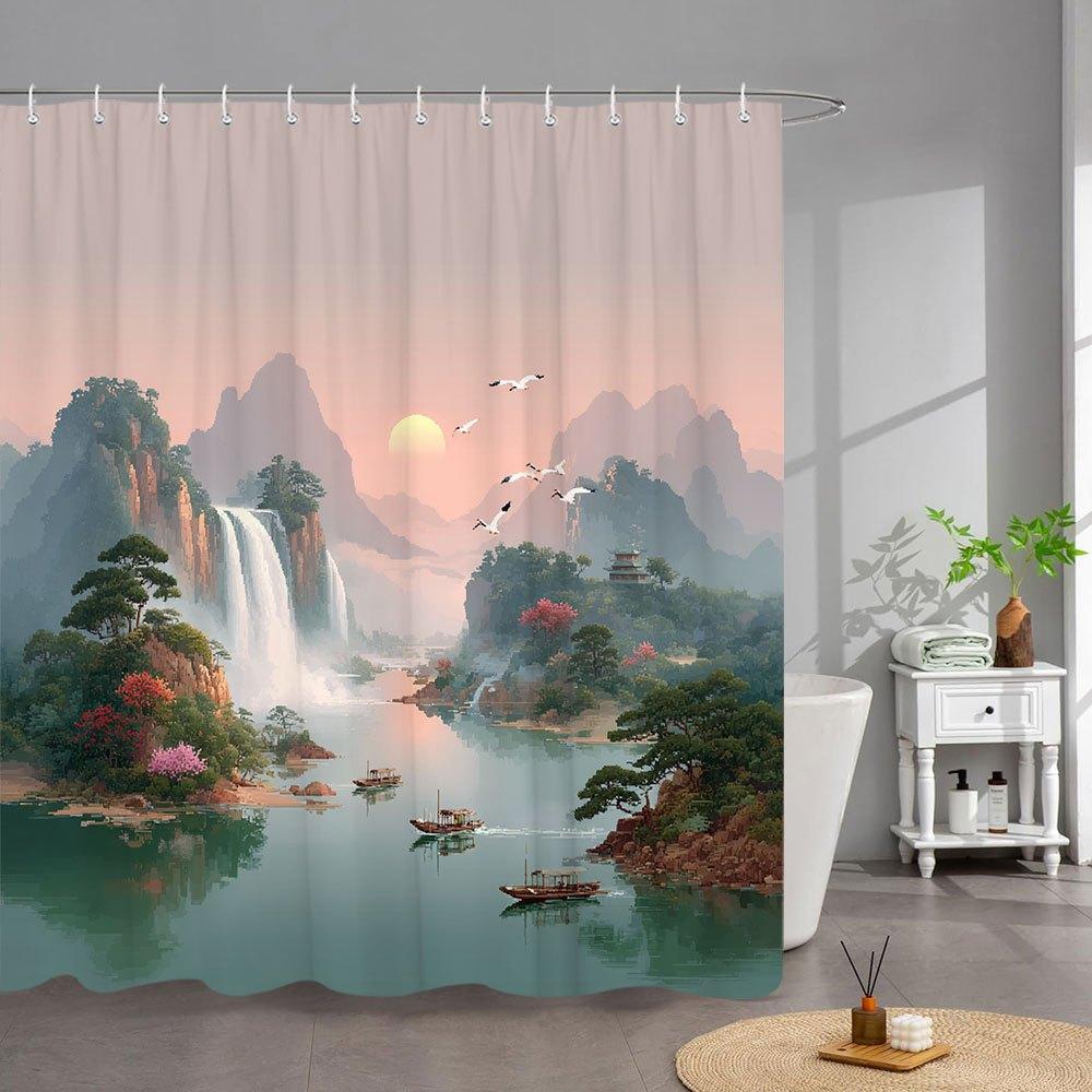 

1Pc Misty Waterfall Bath Curtain - Serene Sunset Landscape With Cascading Falls, Pagoda & Colorful Flowers, Traditional Chinese W60H190(CM)-1 Pcs
