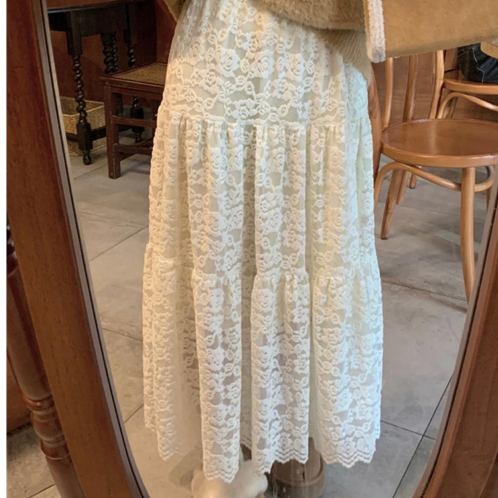 Fleece-Lined Lace Tiered Long Skirt – Cream/Black, From Korea