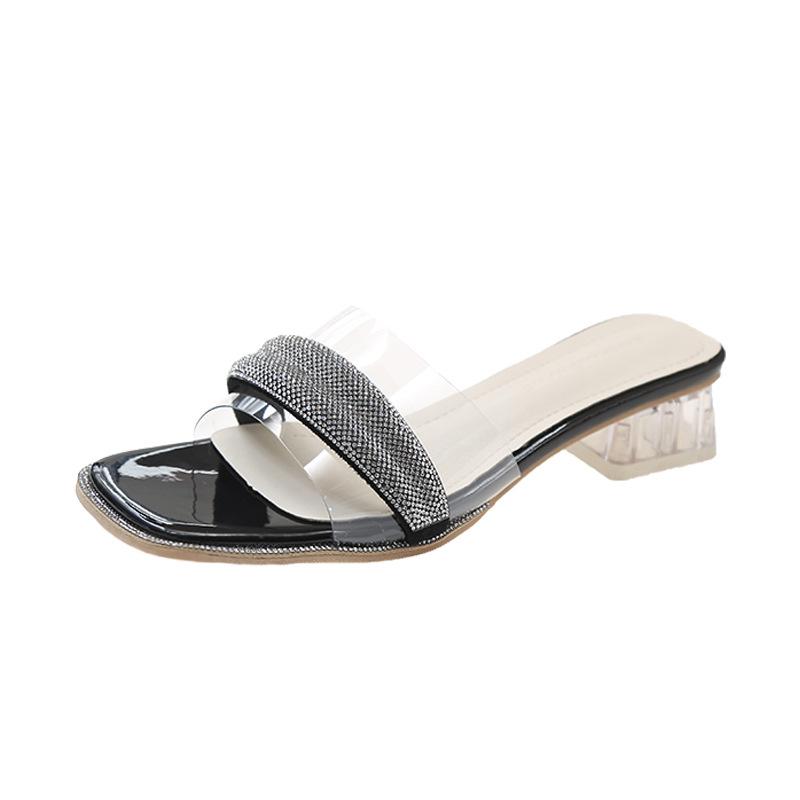 

2025 новые крутые тапочки женские с квадратным носком с открытым носком на толстом каблуке тапочки с горным хрусталем повседневные универсальные тапочки 40 чёрный