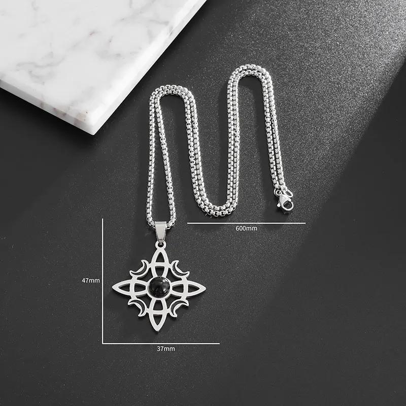 Witch Knot Natural Stone Moon Pendant Necklace Irish Celtic Knot Lucky Jewelry for Men Women Stainless Steel