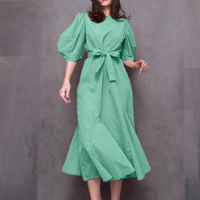 ZANZEA Women Casual Round Neck Loose Half Sleeve Long Dress