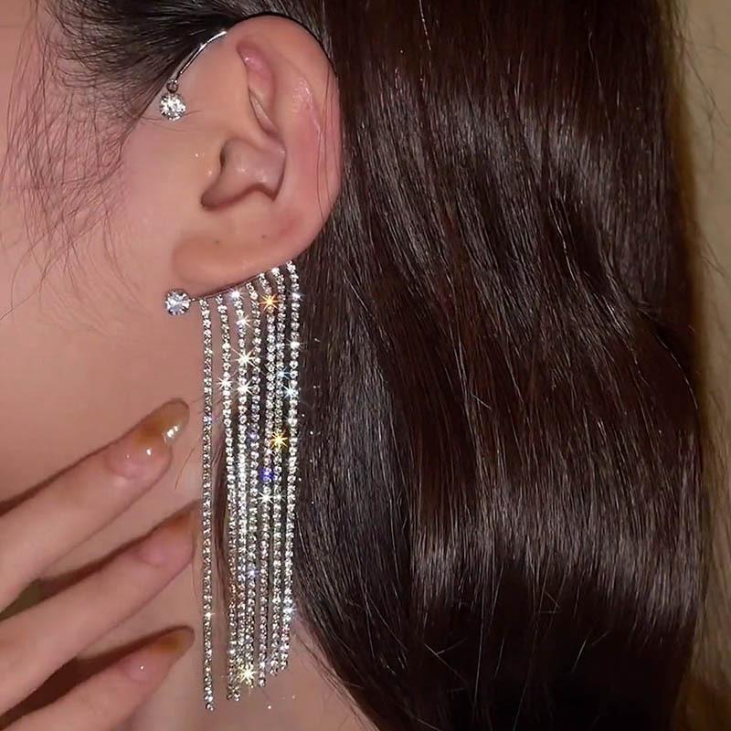 Ny Luksuriøs Skinnende Zirkon Rhinestone Lang Duskel Øreklem Ørepynt Øremansjett Utsøkt Ørepynt Bryllupsfest Zirkon