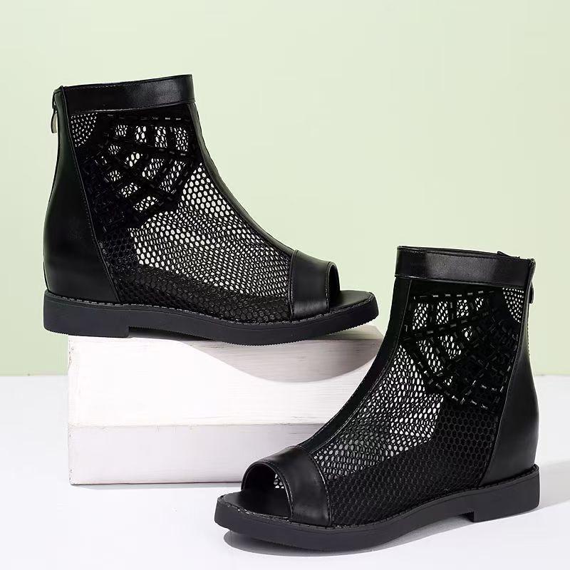 Women's Big Size Mesh Flat sole Ankle Boots Summer New Soft Sole Breathable Fashionable High Top Zippers Peep Toe Cool Boots