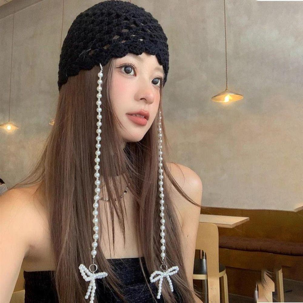 Hollow Out Crochet Knitted Hat Pearl Tassels Weave Cap Vintage Ethnic Style Hat  Outdoor