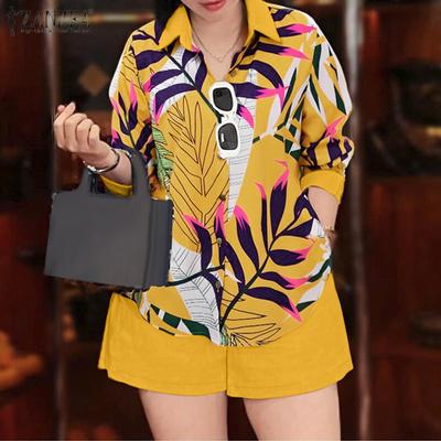 Women Print Blouse and Short Pants Summer Two Piece Suit Sets