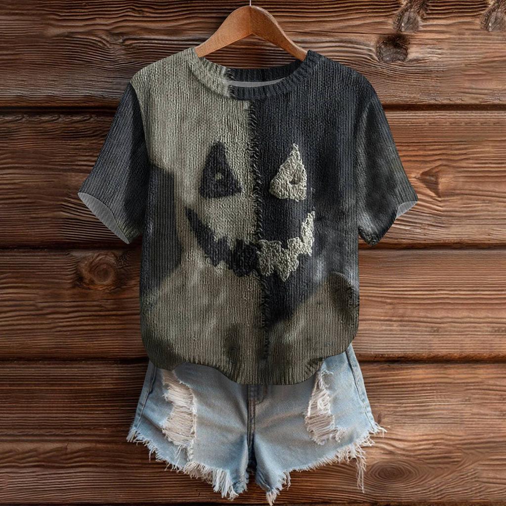 Women's Cute Sweater Knitted Fashion Casual Round-neck Short-sleeved  Cozy Print Top