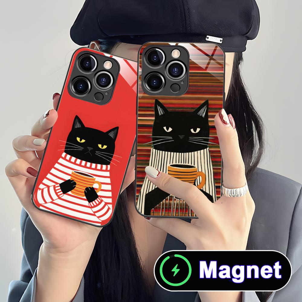 Cute Coffee Cat Glass MagSafe Mobile Phone Case for iPhone 17 16 15 14 13 12 11 Air Pro Max Plus Mini Colorful Cover