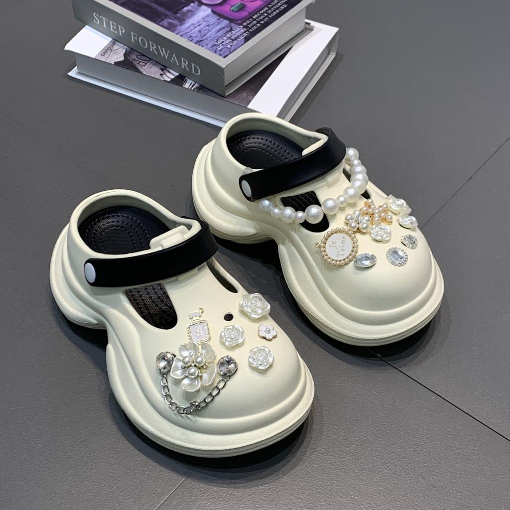 Pearl camellia cave shoes women's summer new fashion trend outer wear runaway not tired feet breathable bag head slippers