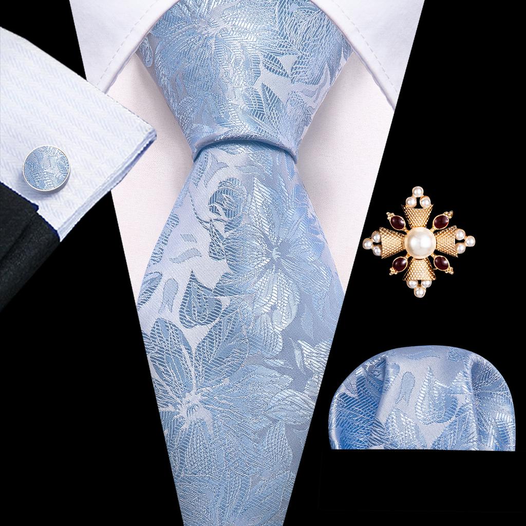 Pearl Brooch with Silk Tie for Men Vintage Floral Teal Necktie Hanky Cufflinks Gift Formal Set