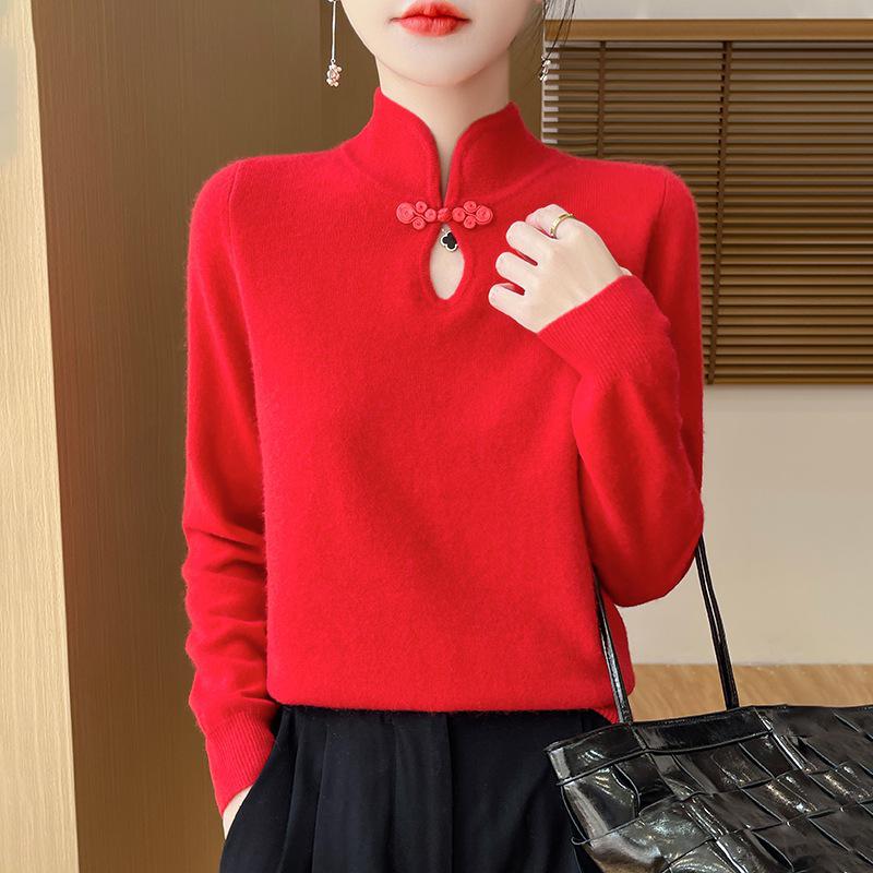 Cross2025 Autumn/Winter Women s Stand Collar Sweater – New Chinese Style, Slim Fit, Loose Knit Base Layer Top XXL