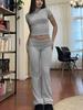 Women's Casual Workout Two-piece Set - Round Neck T-shirt & Low-waisted Flared Pants