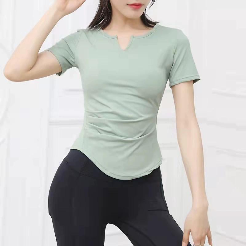 Women's Slim Fit V-Neck Yoga Outfit - Quick-Dry Pleated Short-Sleeve T-Shirt for Pilates, Fitness, and Running.