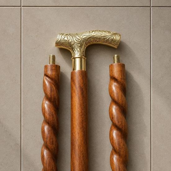 Hand Carved Wooden Cane, Brass Handle Walking Stick, Gentleman Mobility Aid