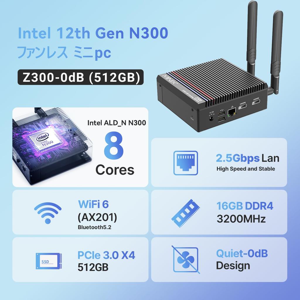 MINIX NEO Vifteløs mini-PC Intel 12. generasjon i3 N300 NEO 16 GB DDR4 512 GB PCIe Gen3 x 4 SSD Opp til minidatamaskin Windows 11 Pro Rich Ports 4K Dual
