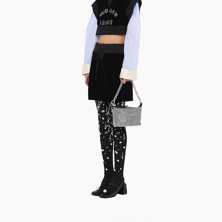 Miu Miu Miu Spirit Faux Crystal Decor Detachable Chain Satin Shoulder Tote Bag Women handbags Black 5BC103-2D5H-F0002-V-OOO