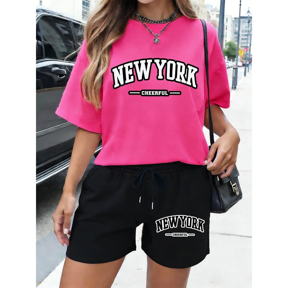 New York Cheerful Letter Print  Shorts Womens Basic Two Pieces Set T-Shirt Pants Summer High Waisted Oversize Clothes