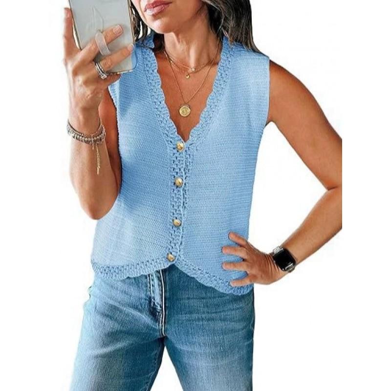 Womens V-Neck Sleeveless Knit Cardigan Short Loose Fit Casual Top With Button Front