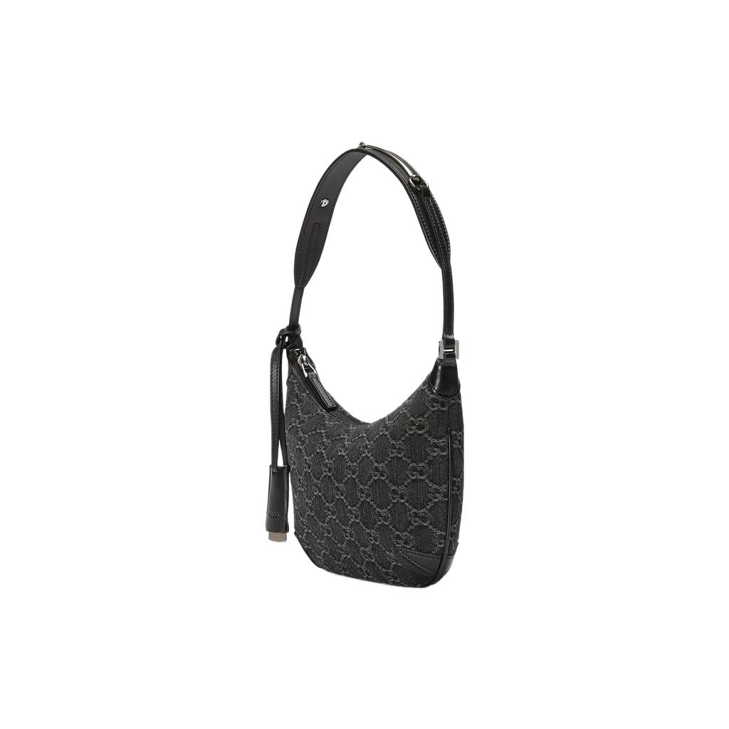 Gucci Horsebit Slim Series Double G Logo Zipper Closure Denim And Leather Trim Handbag Small Women Handbags Black Gray 774719-FACZ1-4952
