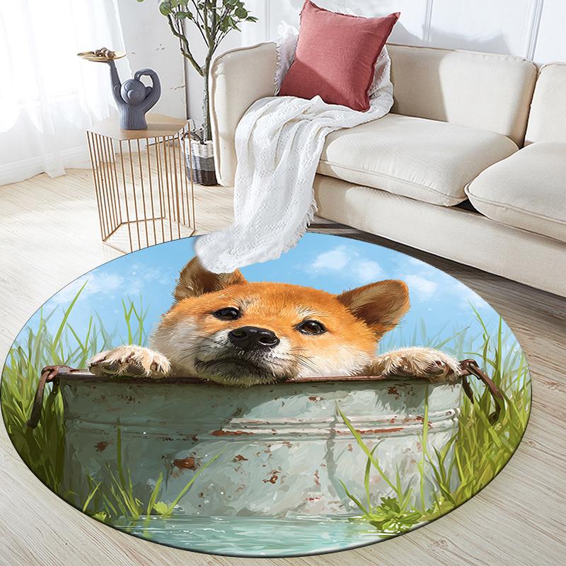 Cute Shiba Inu pattern round rug,Carpet Rug for Living Room Bedroom Playroom ,Non-slip Floor Mat,Holiday Gifts and Birthday Gifts.