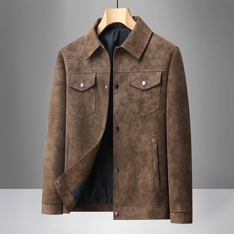 2025 Autumn/Winter Plus Size Men's Suede Leather Warm Jacket with Lapel