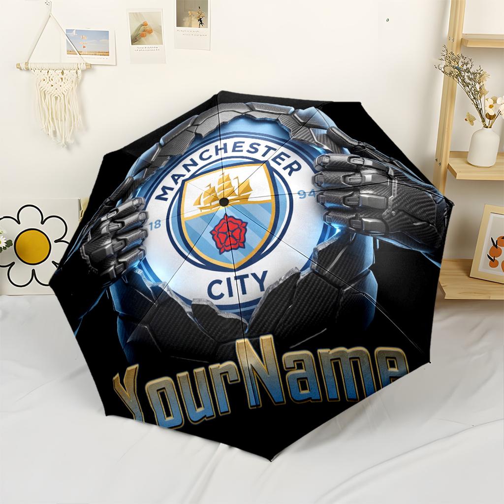 Manchester City Customizable Name Umbrella Portable Automatic Umbrella Compact 8-Rib Design Compact Design for Outdoor Daily Use Elegant Spiritual Gif