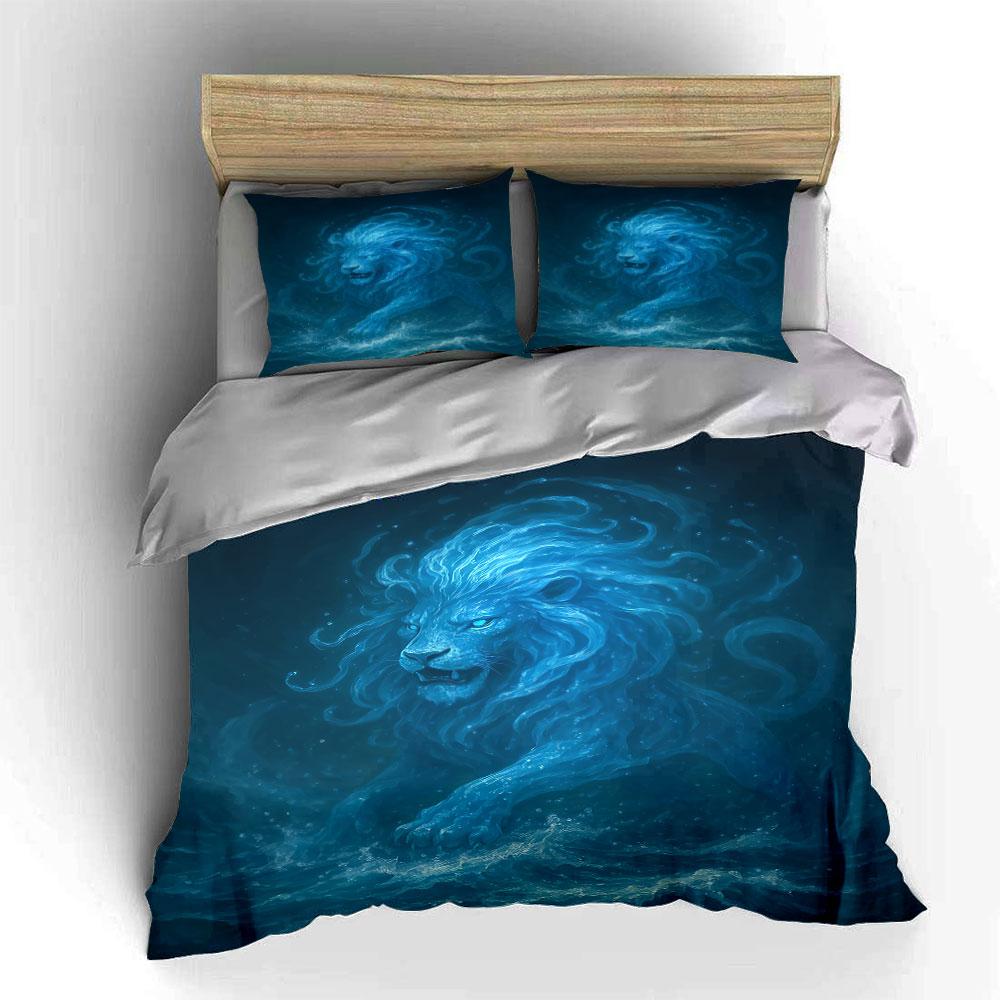 Glowing blue lion portrait. Bedding sets Duvet cover sets Duvet covers Pillowcases(1 * Duvet Cover 2 * Pillowcases without duvet insert)