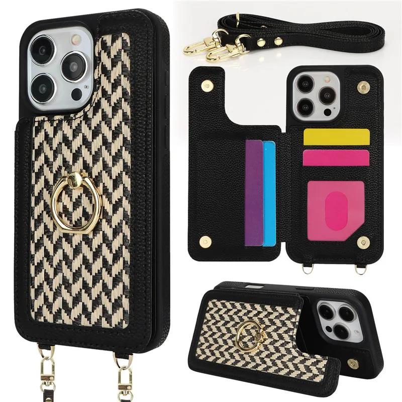 Long Lanyard Leather Wallet Card Slot Phone Case for iPhone 16 Pro Max 15 14 Plus 13 12 11 SE 2026 XS XR X 8 7 Ring Flip Cover