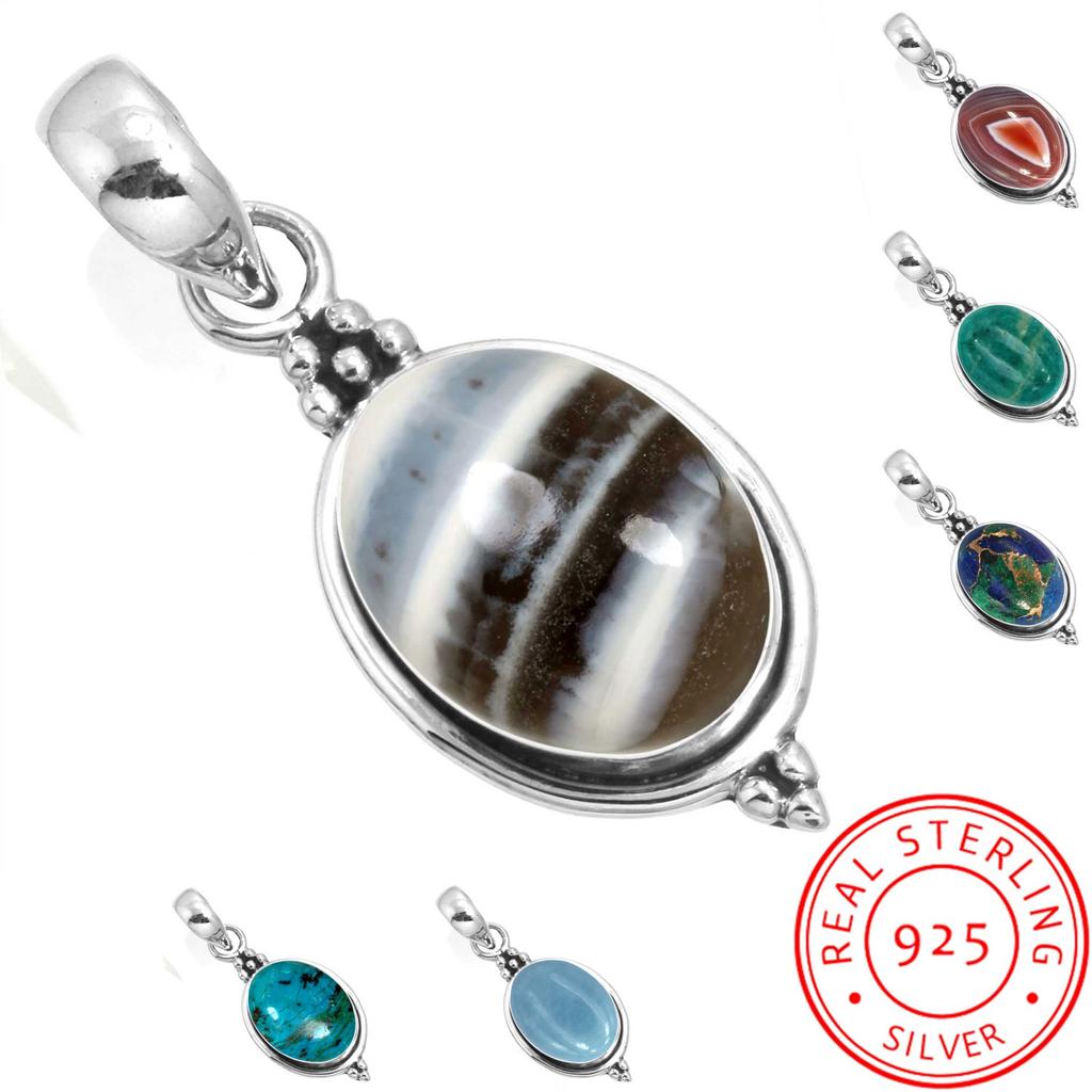 Pingente em Prata de Lei 925 Feminino Pedra Preciosa Joia Artesanal Presente de Ano Novo Amazonita Angelita Opala Azul Ágata de Botswana Azurita Mohave Crisocola Boho