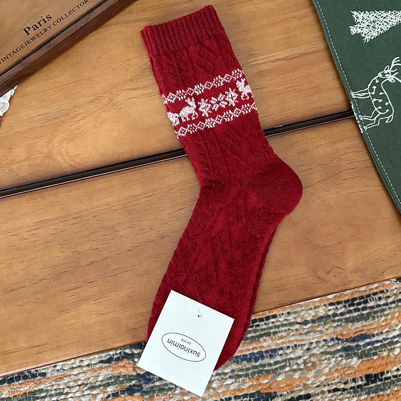 New Autumn and Winter Thick Warm Wool Socks Women Cute Kawaii Warm Snow Socks Christmas Retro Reindeer Loose Middle Tube Socks