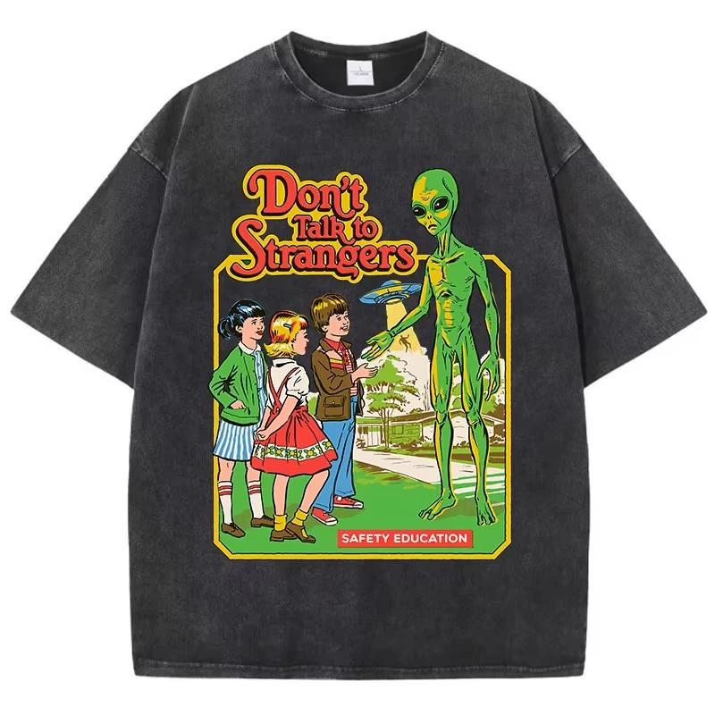 

Cartoon Alien Classic Communication Print Women Breathable Cotton Short Sleeve Washed Vintage Worn Out FeUnisex T Shirts 2XL