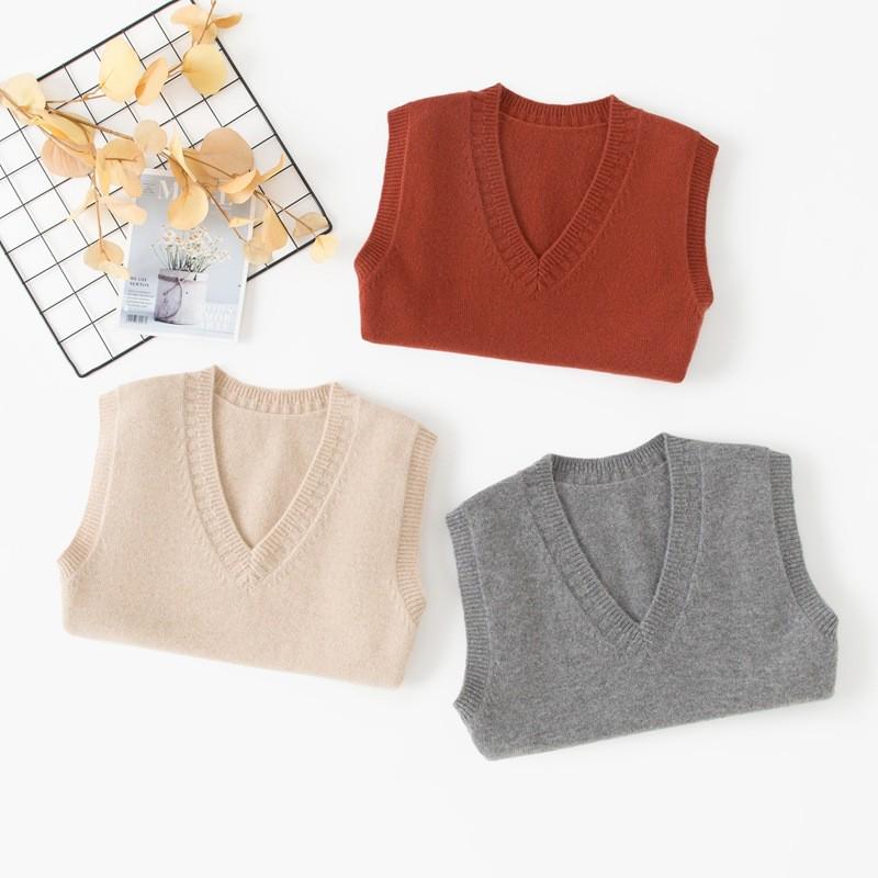 Women's Cashmere V-Neck Vest - Autumn/Winter Slim Fit, Solid Color, Sleeveless, Warm Knit.