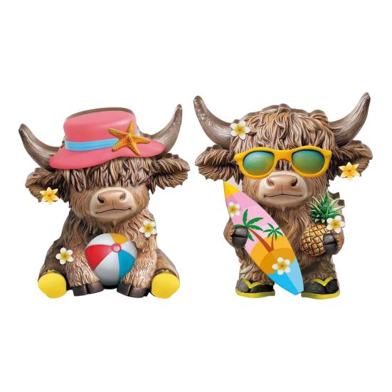 2 Pcs Summer Cow Highland Beach Seaside Figurines Wooden Scottish Statue