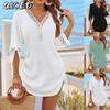 Fashion Summer Spring Solid Color Print V-Neck 3/4 Sleeves Casual Dresses