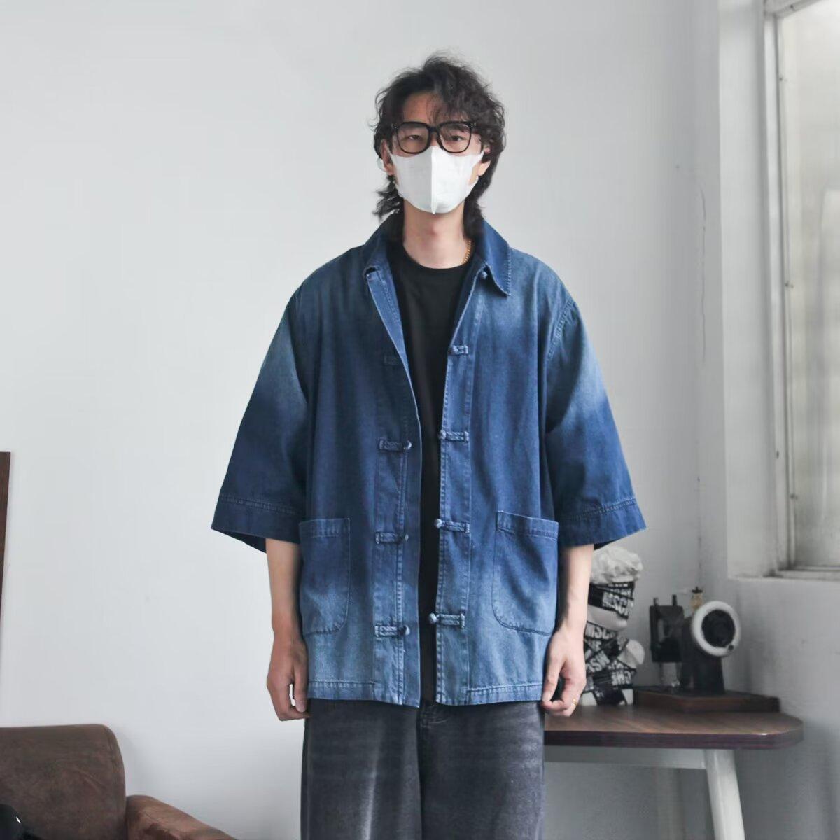 

Летняя новая джинсовая куртка в китайском стиле в винтажном стиле для мужчин и женщин, свободный джинсовый топ с ретро-пуговицей 3XL синий