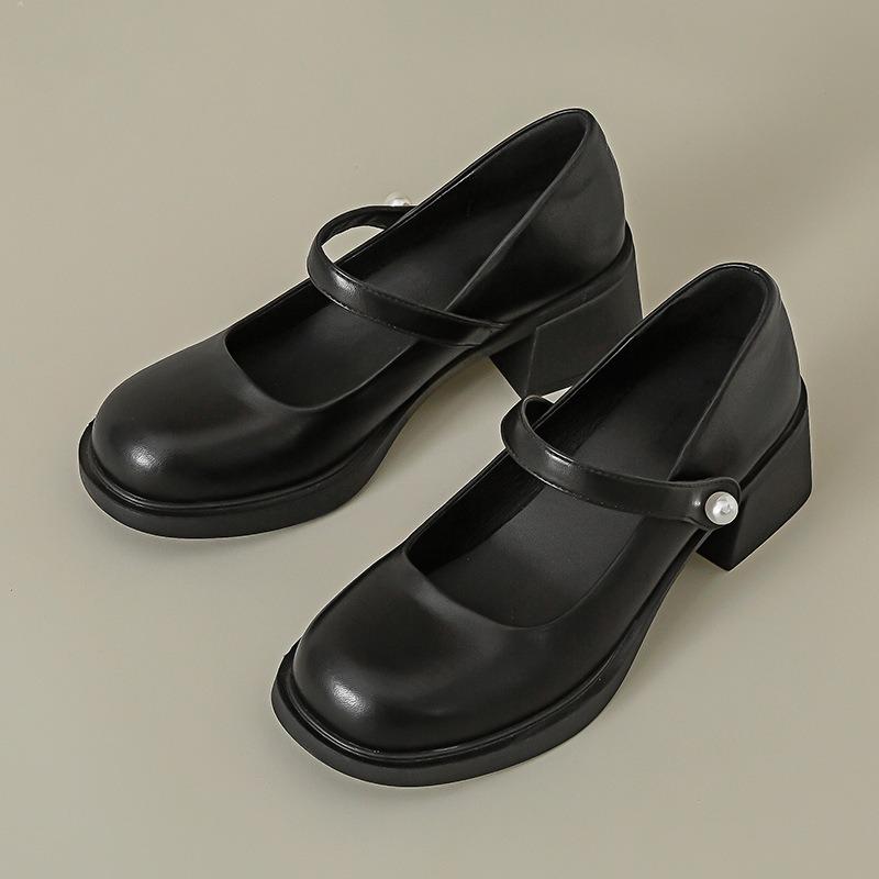 

Жіноче взуття Мері Джейн на високих підборах із круглим носком, блочний каблук, шкіряне взуття Лоліта, туфлі на липучках і петлях із пряжкою, туфлі на тонкому середньому підборі EUR 40