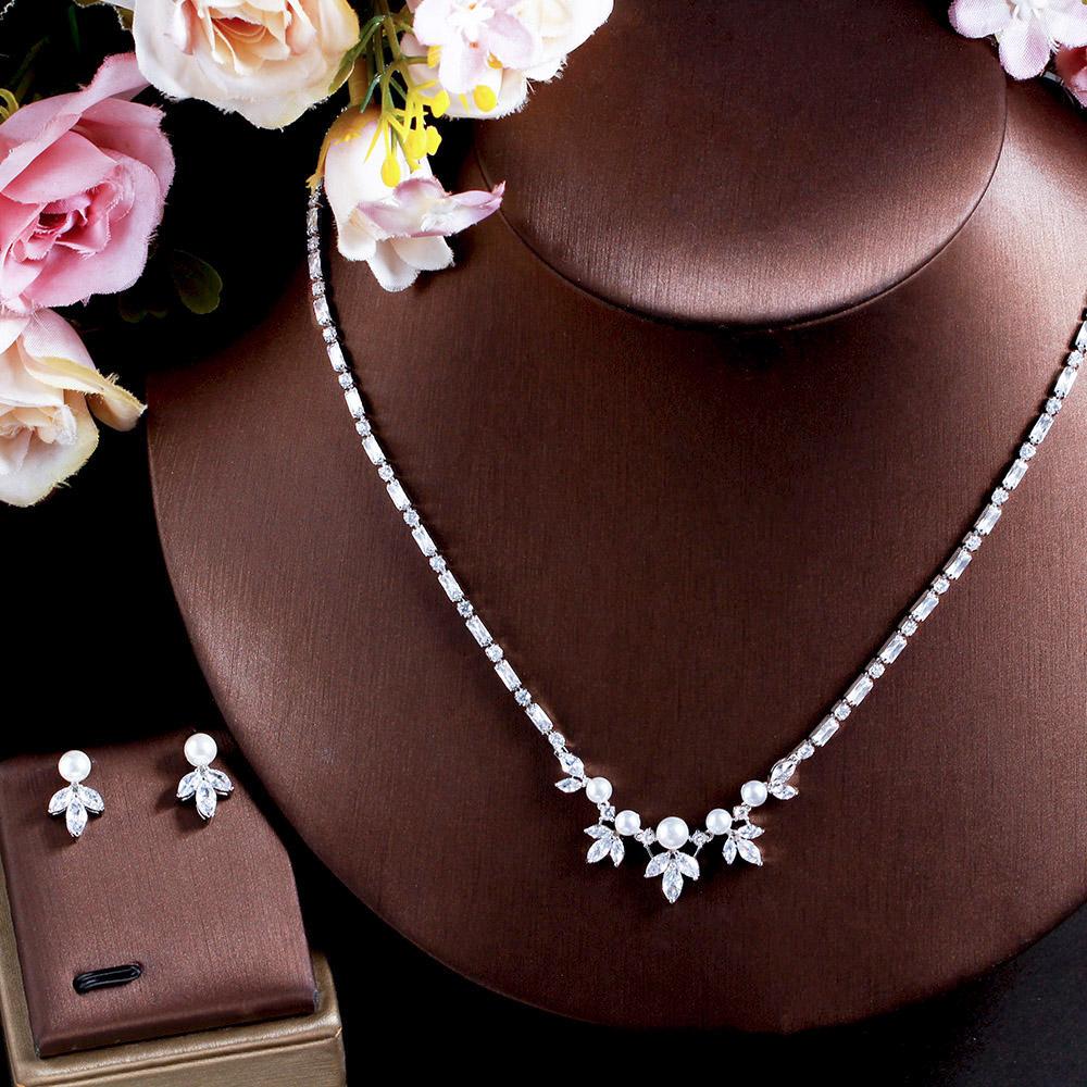 CWWZircons Gorgeous Cubic Zirconia Paved Fashion Pearl Party Wedding Necklace and Earrings Jewelry Sets for Women Accessory T637