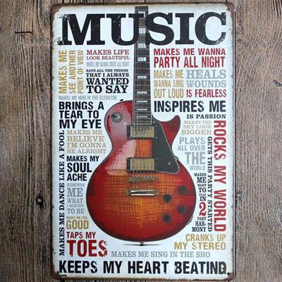 Targa in metallo vintage con chitarra, decorazione da parete, poster da pub e bar