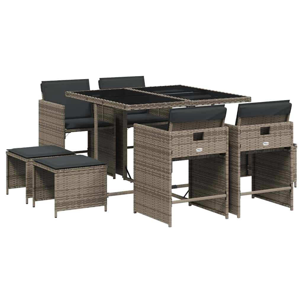 Vidaxl 9-Cz. Garden Furniture Set With Cushions, Grey, PE Rattan