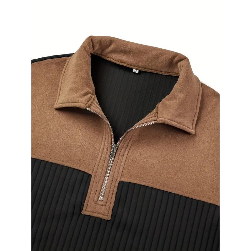 Men Casual Knitted Polo Shirt Half Zip Collar Patchwork Long Sleeve Pullover