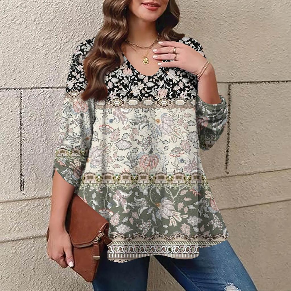 Women's Plus Size Fashion Printed Casual Pleated Round Neck Long Sleeve Top