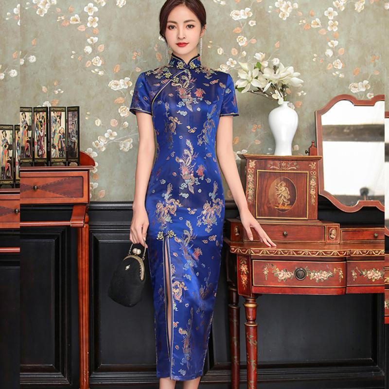 Women Short-sleeved Cheongsam  Dress Elegant High Split Hem Stand-up Collar Retro Chinese Style