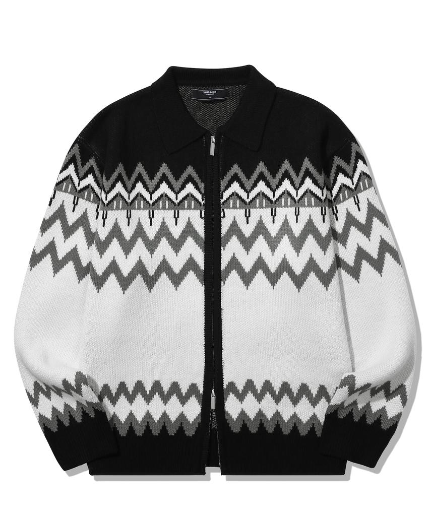 TRILLION Washable Nordic Jacquard Collar Neck 2-Way Zip-Up Knit [Black]