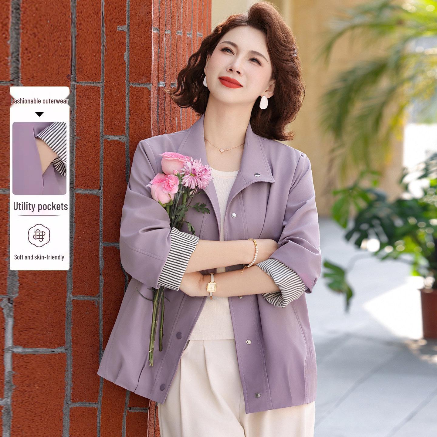 

Elegant Spring Jacket for Middle-aged Women - 2026 Plus Size Windbreaker Top for Mother, also suitable for Autumn. 3XL (for 120-135 jin) фиолетовый