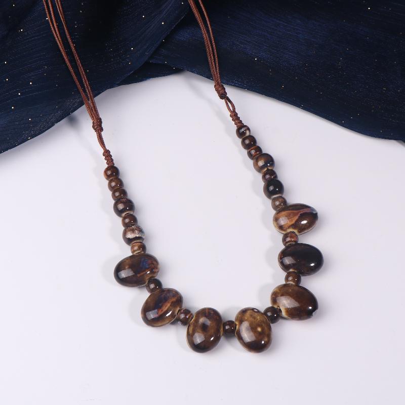 Colorful Ceramic Bean Necklace Handmade Boho Pendant Adjustable Vintage Jewelry For Women Gift