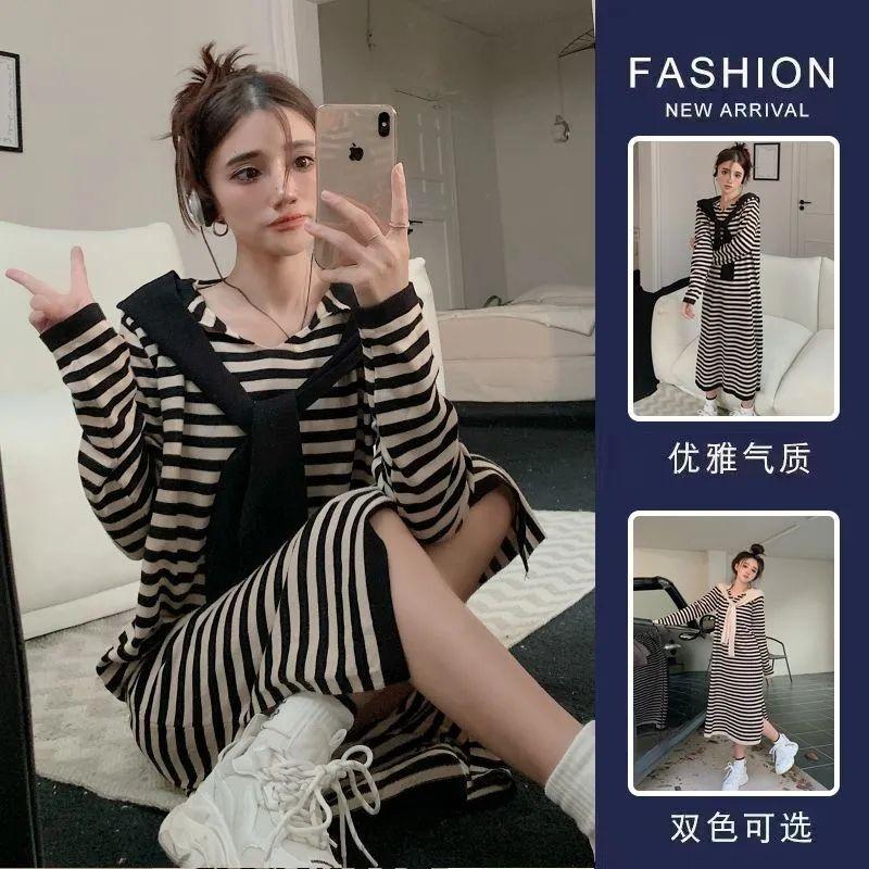 Early Autumn 2026 New Striped Loose and Thin Hooded Knitted Medium and Long Skirt Lazy Style Casual Dress Women